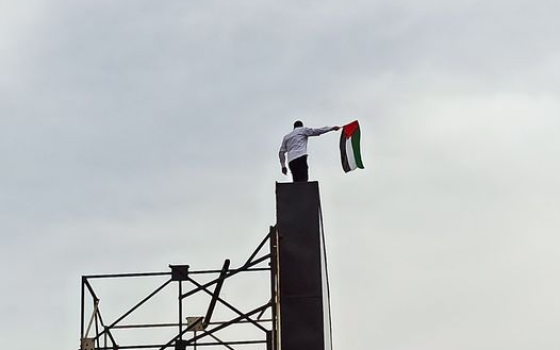 شاب مصري تسلّق لوحة إعلانية في إحدى مناطق الإسكندرية حاملًا العلم الفلسطيني