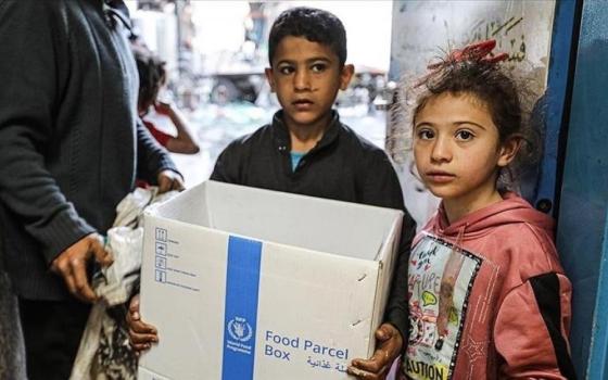 طفل يحمل صندوق مساعدات غذائية في غزة