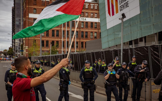 متظاهر يرفع علم فلسطين في مظاهرة داعمة لفلسطين