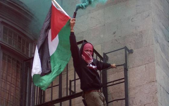 داعم لفلسطين يرفع العلم الفلسطيني