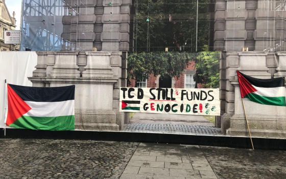 لافتة تضامنية وأعلام فلسطين على مبنى جامعة ترينيتي