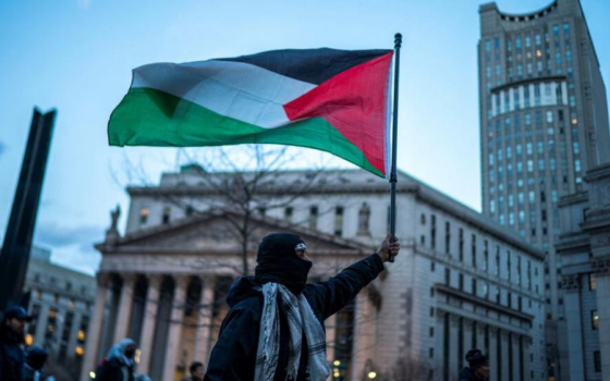 متضامن يرفع العلم الفلسطيني في إيطاليا