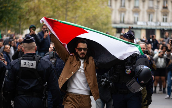 متظاهر يحمل علم فلسطين بين أفراد الشرطة