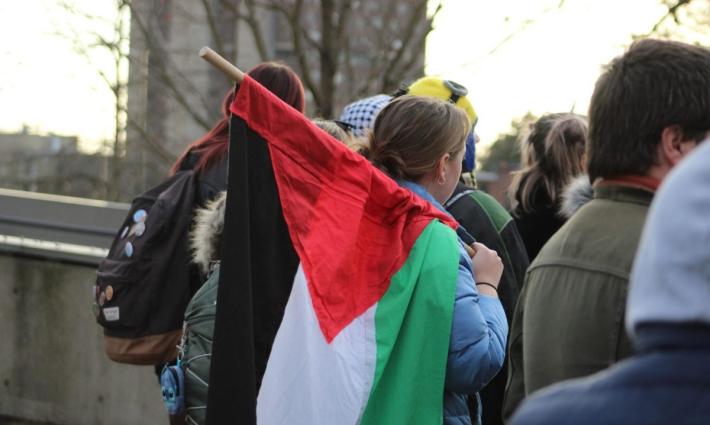 صورة لمتظاهرة تحمل علم فلسطين
