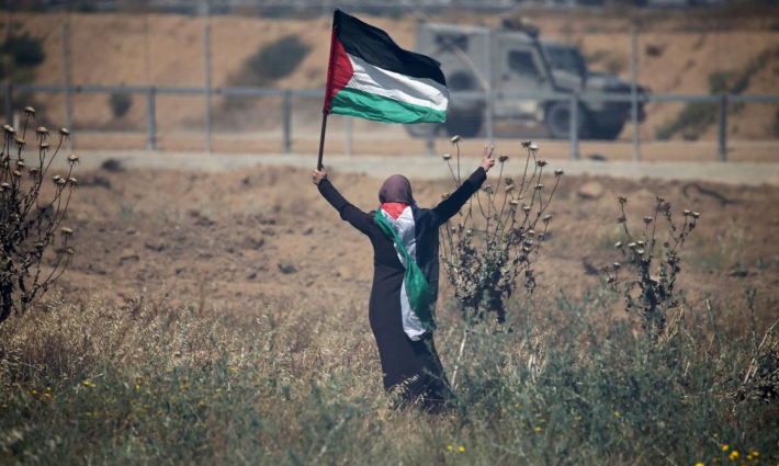 سيدة تحمل علم فلسطين أمام مركبة تابعة للجيش الإسرائيلي في يوم الأرض الفلسطيني