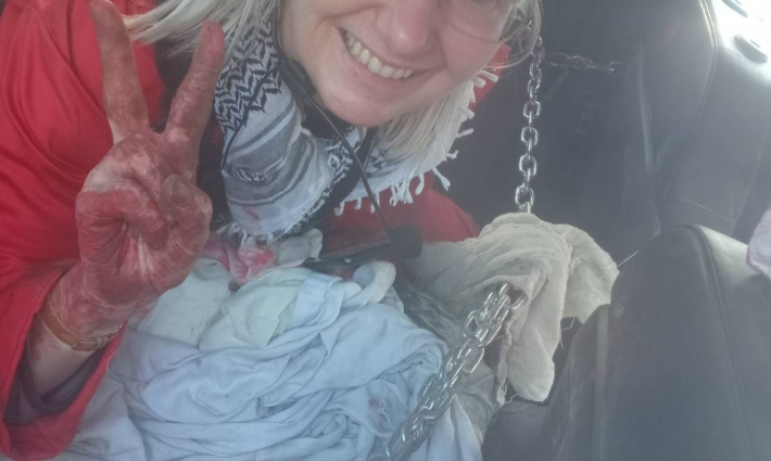 ناشطة من حركة فلسطين أثناء حصار مصنع طائرات إسرائيلية