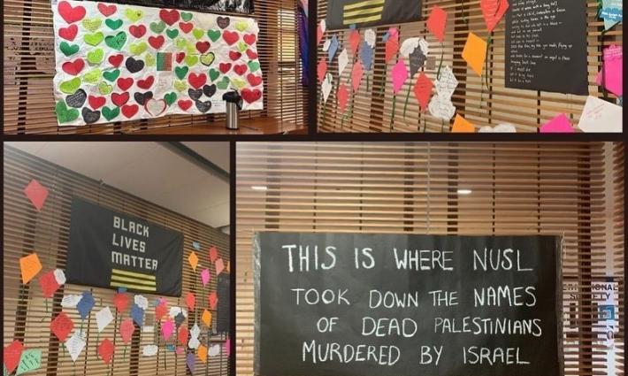 حائط يحتوي ملصقات بأسماء شهداء غزة ثم أزالته جامعة نورث إيسترن