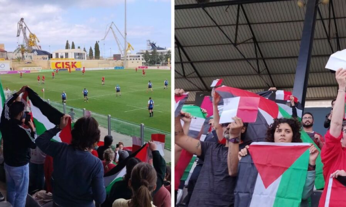 "بطاقة حمراء لإسرائيل".. احتجاج تضامني خلال مباراة الرجبي بين الاحتلال ومالطا